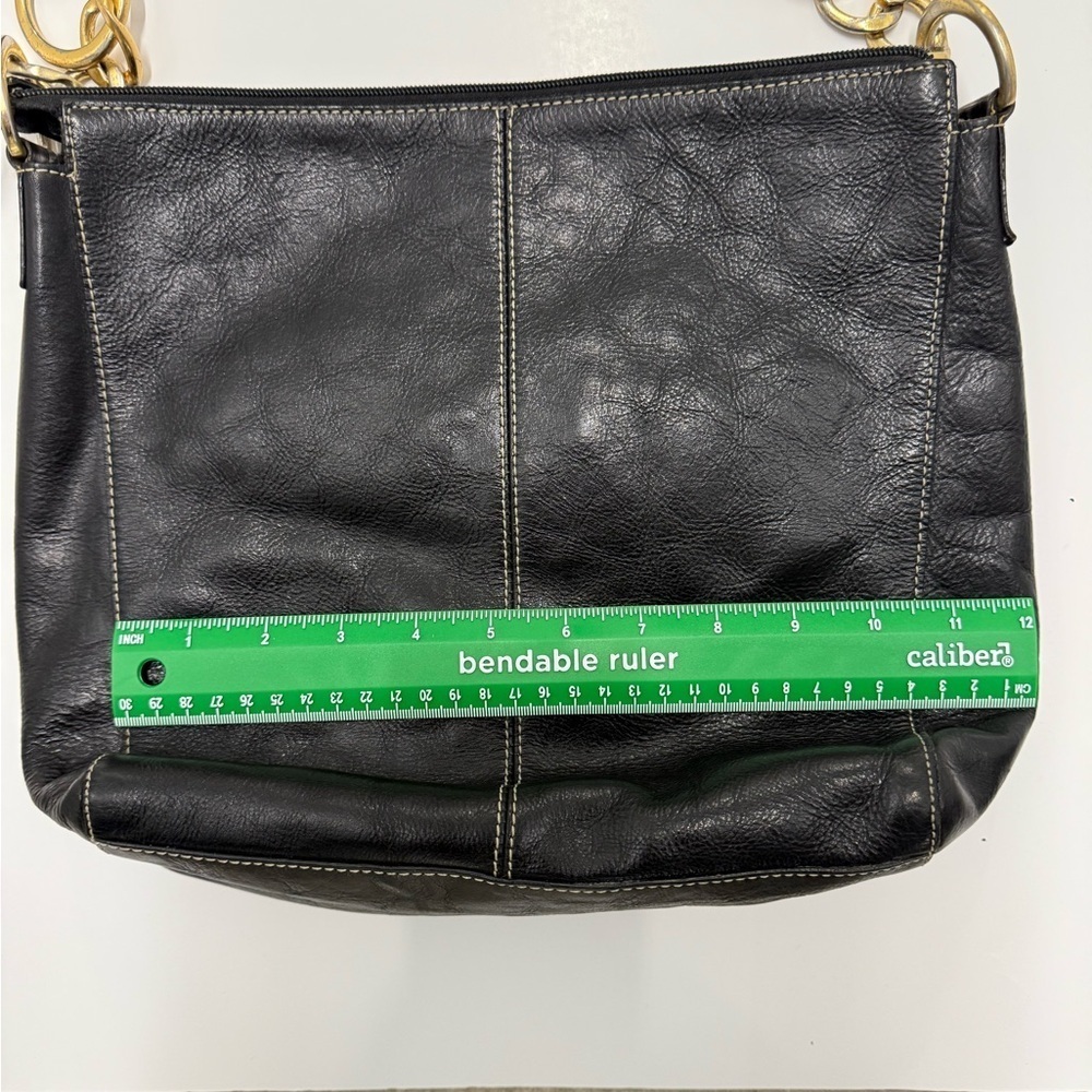 Kate Landry Black Leather Shoulder Bag with Dual Front Pockets & Gold Hardware - Picture 4 of 7